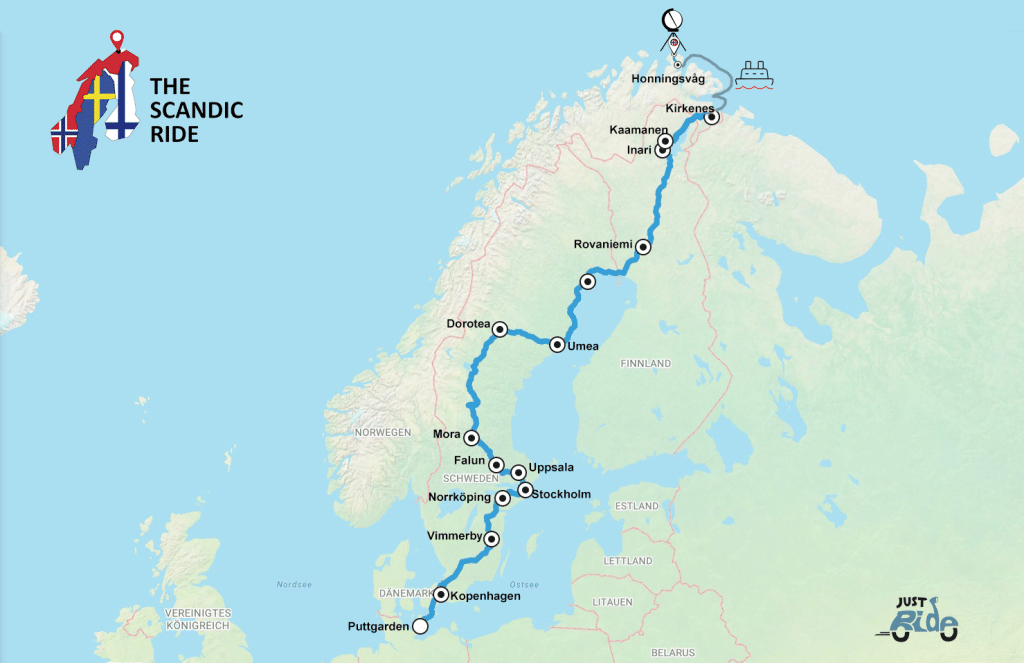 Karte mit Route durch Nordeuropa, von Portugal über mehrere Städte nach Norwegen bis zum Nordkap.