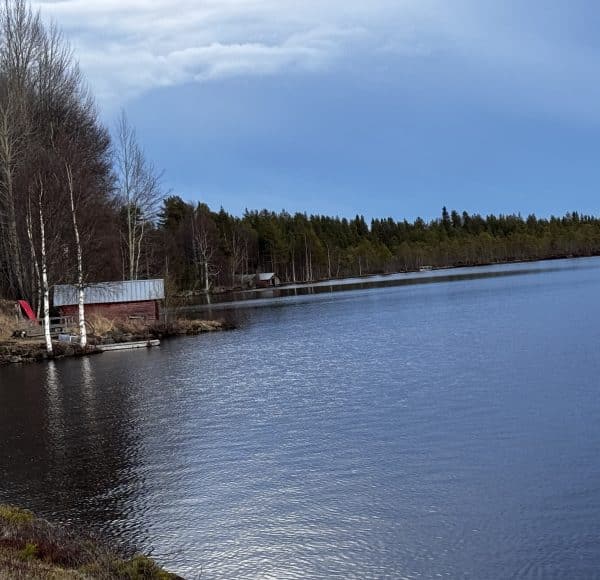 Ein ruhiger See mit bewaldetem Ufer, kahlen Bäumen und einer kleinen Hütte am Wasser, unter blauem Himmel mit einigen Wolken - an der Straße von Dorotea nach Umea / Schweden. © JustKommunikation GmbH | JustRide it
