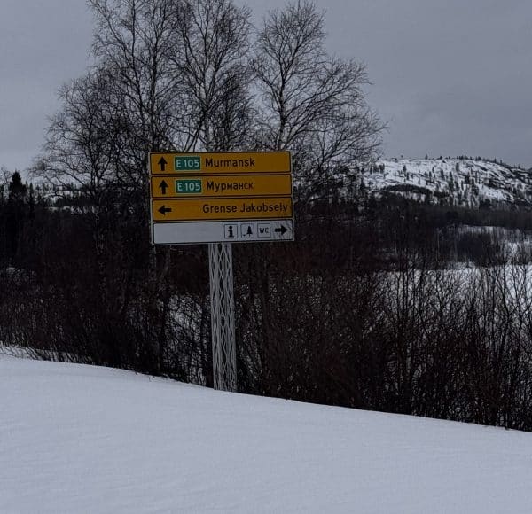 Straßenschild im Schnee vor verschneiten Bergen und Bäumen unter grauem Himmel.