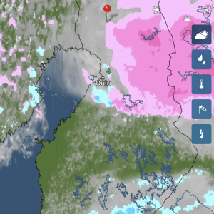 Wetterkarte mit farbigen Bereichen für Schnee und Regen, einige Symbole rechts, rote und grüne Markierungen auf der Karte, teilweise bewölkt.