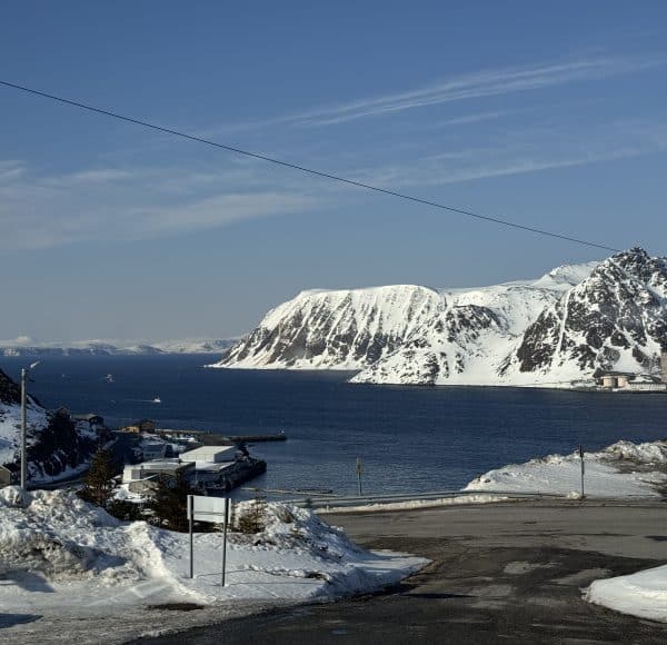 Verschneite Küstenlandschaft mit schneebedeckten Bergen im Hintergrund, blauem Himmel und ruhigem Wasser im Vordergrund.