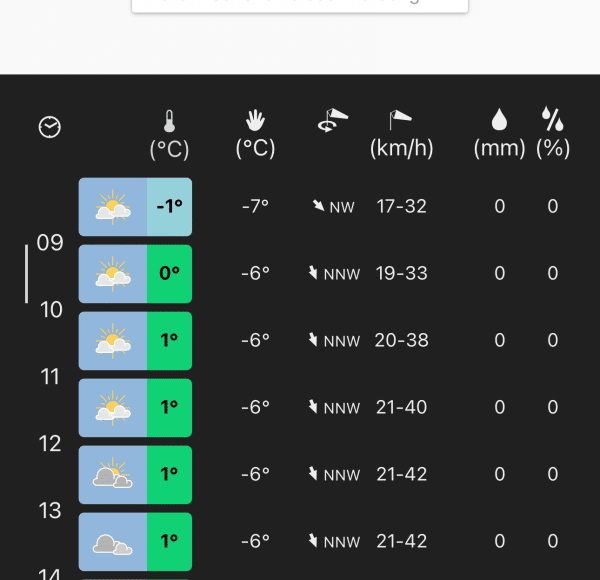Stündliche Wettervorhersage mit Temperaturen, Bewölkung, Windrichtung und -geschwindigkeit, Niederschlag und Luftfeuchtigkeit für fünf Stunden.
