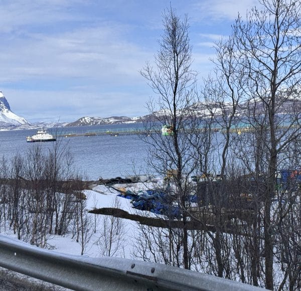 Winterlandschaft mit schneebedecktem Boden, kahlen Bäumen, einem ruhigen See und Bergen im Hintergrund; Boote auf dem Wasser, bewölkter Himmel.
