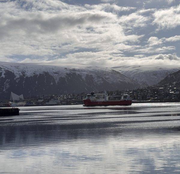 Ein rotes Schiff fährt auf einem ruhigen Wasser, im Hintergrund schneebedeckte Berge und bewölkter Himmel.