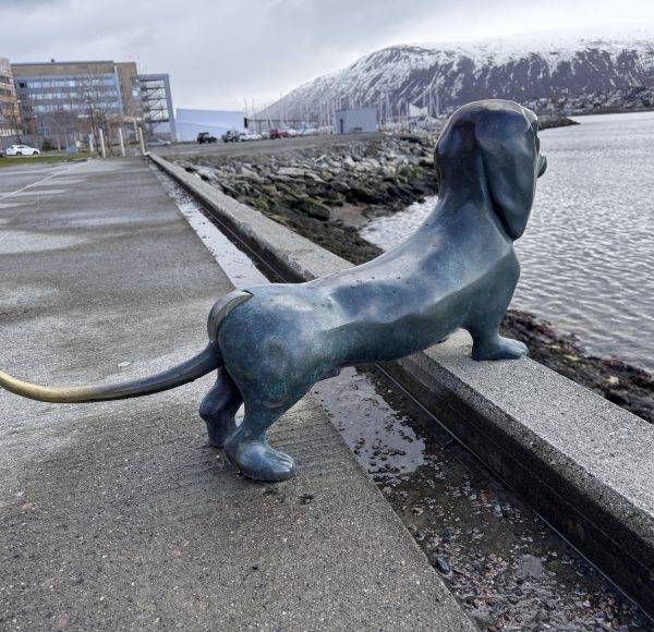 Bronzene Dackel-Statue am Wasser mit Bergen im Hintergrund, Stadt im Winter.