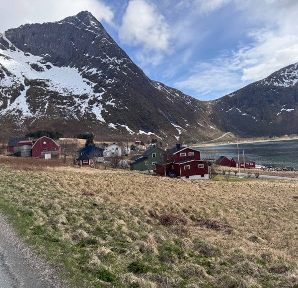 Kleine Häuser vor schneebedeckten Bergen und einem See, teils bewölkter Himmel, frühlingshafte Wiese im Vordergrund.