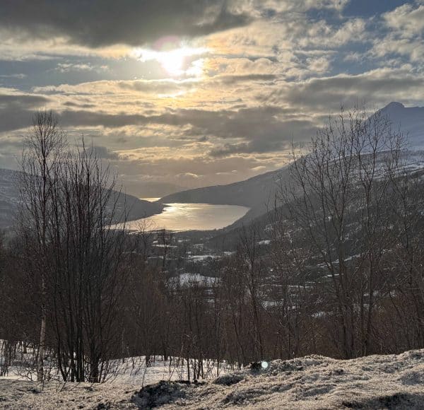 Sonnenuntergang über verschneiter Landschaft mit Bergen, Bäumen und einem See im Hintergrund.