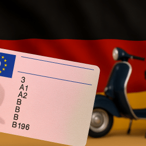 Deutscher Führerschein vor Deutschlandflagge, im Hintergrund ein blauer Motorroller.