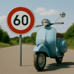 Blaue Vespa steht neben einem 60er-Tempolimit-Schild auf einer Landstraße, umgeben von grüner Natur und blauem Himmel.