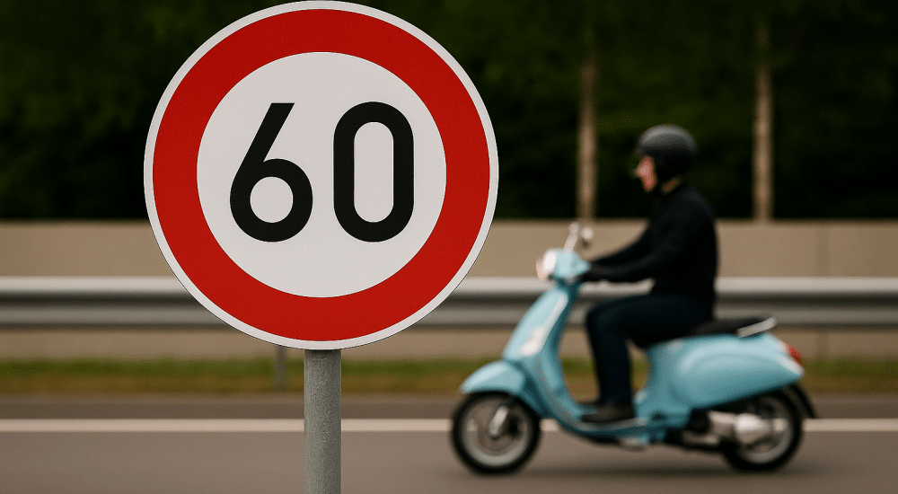 Verkehrsschild mit Tempolimit 60, im Hintergrund fährt eine Person auf einem blauen Motorroller entlang einer Straße.