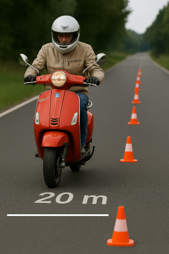 Rote Vespa moit Fahrer auf der Stresse neben Pilonen fahrend, vor dem Voderreiifen steht 20m auf der Straße geschrieben
