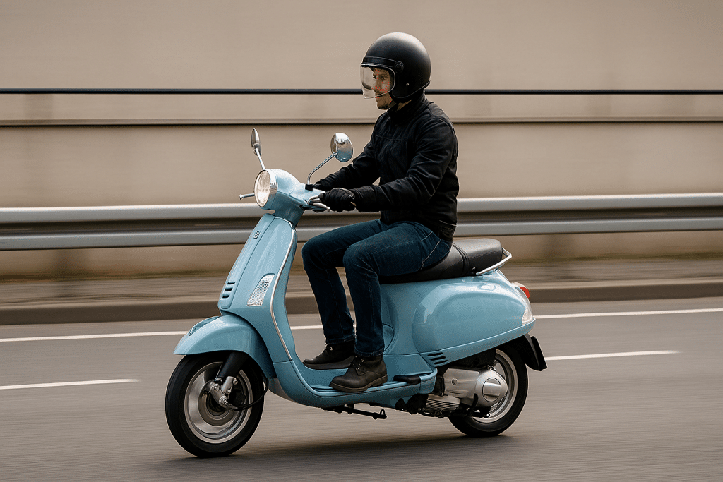 Ein Mann fährt mit einem blauen Motorroller auf einer Straße, trägt einen schwarzen Helm und eine dunkle Jacke.