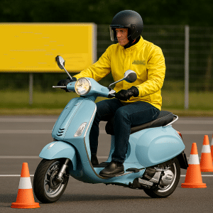 Person fährt einen hellblauen Motorroller auf einem Übungsplatz mit Verkehrshütchen und trägt gelbe Jacke sowie schwarzen Helm.