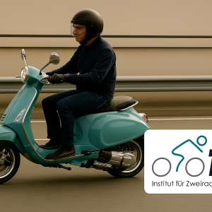 Person fährt mit blauer Vespa auf der Straße - rechts daneben das Logo des IFZ.
