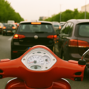 Blick von einem Motorroller-Lenker auf dichten Stadtverkehr mit vielen Autos im Stau.