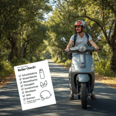 Mann mit Helm fährt Roller auf einer Landstraße, daneben eine Checkliste mit Schutzkleidung, Wasserflasche und Sicherheitspunkten, umgeben von Bäumen.