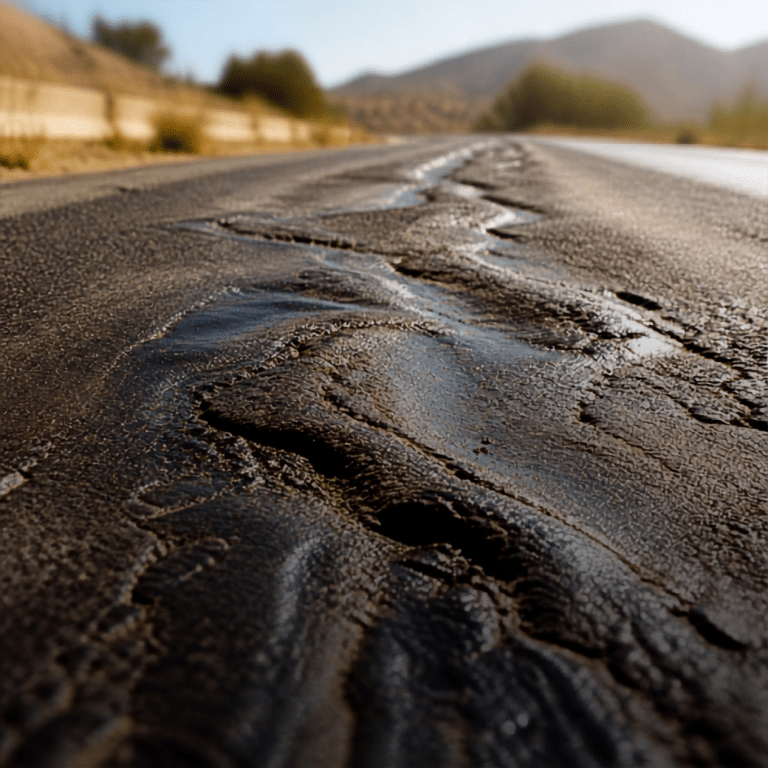 Geschmolzener Asphalt auf einer Landstraße in einer heißen, bergigen Gegend, mit unscharfem Hintergrund und Fokus auf die beschädigte Straßenoberfläche.