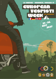 Poster für European Vespisti Week 2027: Silhouetten von Vespa-Fahrern, Berge, Sonnenuntergang, Veranstaltungsort und Datum, Flaggen und Vespa Club Europa Logos.