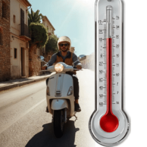 Person auf Roller fährt bei sonnigem Wetter durch eine Stadt, daneben ein Thermometer mit hoher Temperatur.