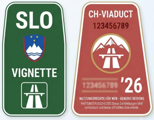Zwei Autobahnvignetten: Links grüne slowenische, rechts rote schweizerische mit Autobahnsymbol, Jahr und Text.