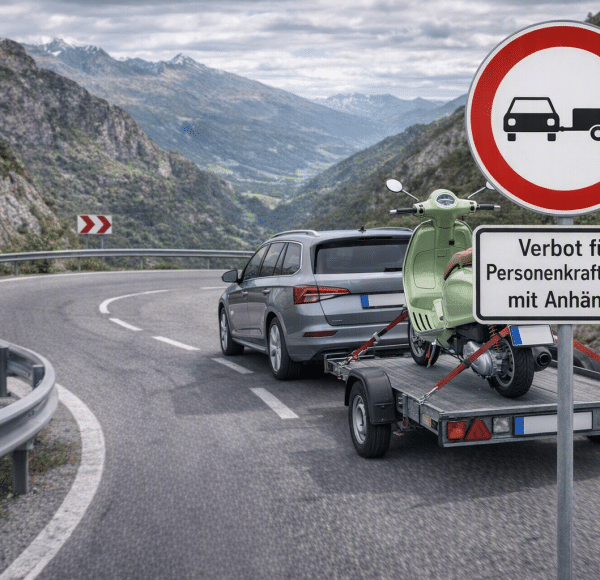 Auto mit Anhänger fährt an Verkehrsschild „Verbot für Personenkraftwagen mit Anhänger“ auf kurviger Bergstraße entlang, Berge im Hintergrund.