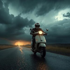 Motorradfahrer fährt auf nasser Landstraße bei dramatischem, bewölktem Himmel in Richtung Sonnenuntergang.