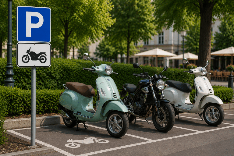 Drei motorisierte Zweiräder stehen auf einem Motorradparkplatz neben einem Parkplatzschild in einer Stadt, umgeben von grünen Bäumen und einem Straßencafé im Hintergrund. © JustKommunikation GmbH | JustRide it