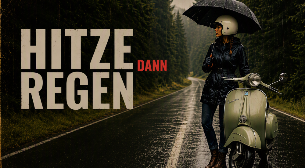 Frau mit Regenschirm und Helm steht neben Roller auf nasser Straße im Wald, große Aufschrift „HITZE DANN REGEN“.