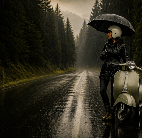 Frau mit Helm steht im Regen auf einer nassen Straße neben einem Roller und hält einen schwarzen Regenschirm, umgeben von dichtem Wald.