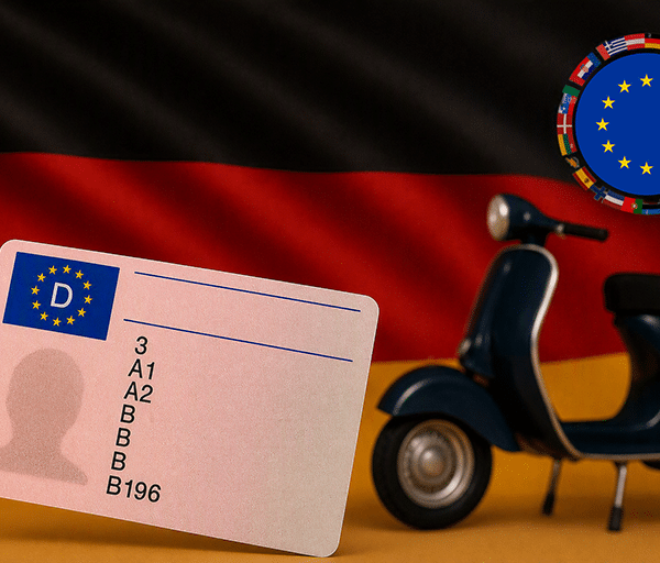 Eine europäische Führerscheinkarte vor einer deutschen Flagge, daneben ein Motorroller und ein EU-Emblem mit nationalen Flaggen. © JustKommunikation GmbH | JustRide it
