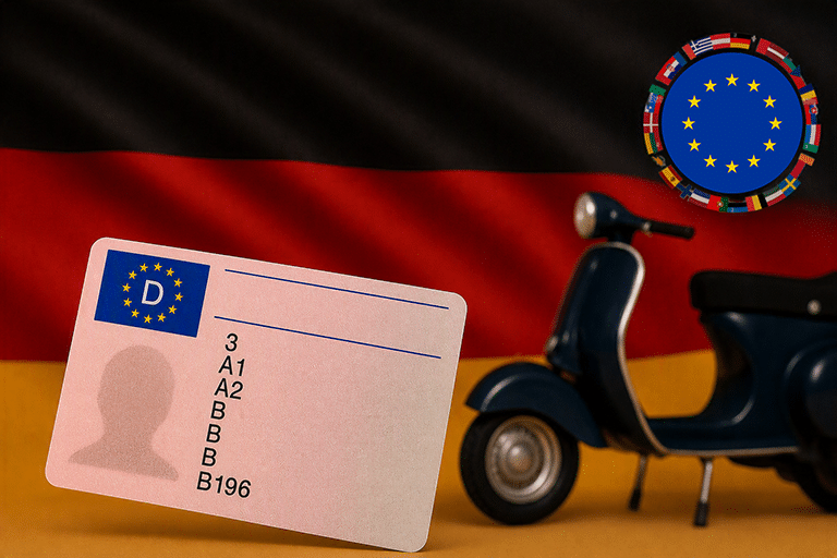Eine europäische Führerscheinkarte vor einer deutschen Flagge, daneben ein Motorroller und ein EU-Emblem mit nationalen Flaggen. © JustKommunikation GmbH | JustRide it