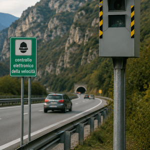Verkehrsüberwachungskamera und Hinweisschild auf einer Autobahn mit mehreren Autos, Bergen im Hintergrund und einem Tunnel voraus. © JustKommunikation GmbH | JustRide it