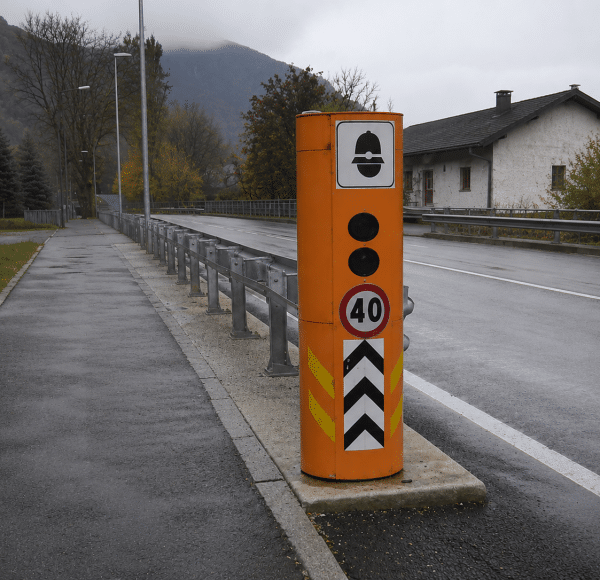 Eine orangefarbene Radarkamera am Straßenrand steht neben der Straße in Italien, mit einem Tempolimit von 40 km/h. © JustKommunikation GmbH | JustRide it