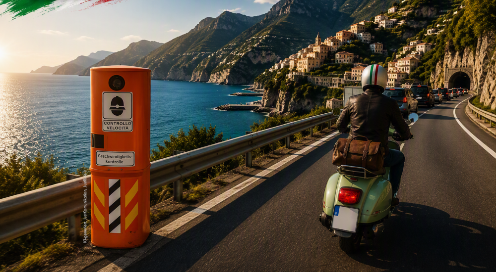 Ein Vespa Fahrer fährt an einer Küstenstraße mit Blick auf das Meer vorbei an einer orangefarbenen Geschwindigkeitskontrollsäule - symbolisch für das geplante neue Verkehrsrecht in Italien © JustKommunikation GmbH | JustRide it