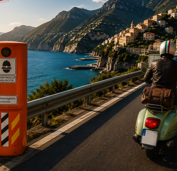 Ein Vespa Fahrer fährt an einer Küstenstraße mit Blick auf das Meer vorbei an einer orangefarbenen Geschwindigkeitskontrollsäule - symbolisch für das geplante neue Verkehrsrecht in Italien © JustKommunikation GmbH | JustRide it