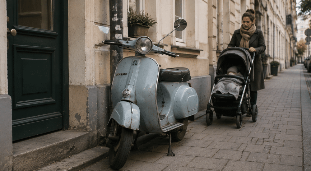 Eine Frau schiebt einen Kinderwagen an einem alten blauen Vespa vorbei, der vor einem Gebäude auf dem Bürgersteig geparkt ist. © JustKommunikation GmbH | JustRide it