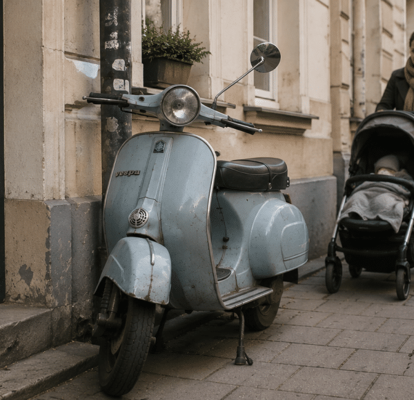 Eine Frau schiebt einen Kinderwagen an einem alten blauen Vespa vorbei, der vor einem Gebäude auf dem Bürgersteig geparkt ist. © JustKommunikation GmbH | JustRide it