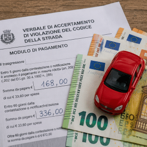 Verkehrsstrafzettel mit Euro-Geldscheinen und rotem Spielzeugauto auf einem Holztisch. © JustKommunikation GmbH | JustRide it