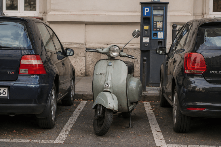 Ein alter Vespa-Roller parkt zwischen zwei Autos auf einem städtischen Parkplatz neben einem Parkscheinautomaten. © JustKommunikation GmbH | JustRide it